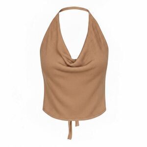 New Aya Muse Cinnabar Knit Tied Draped Halter Crop Top XXS Light Brown